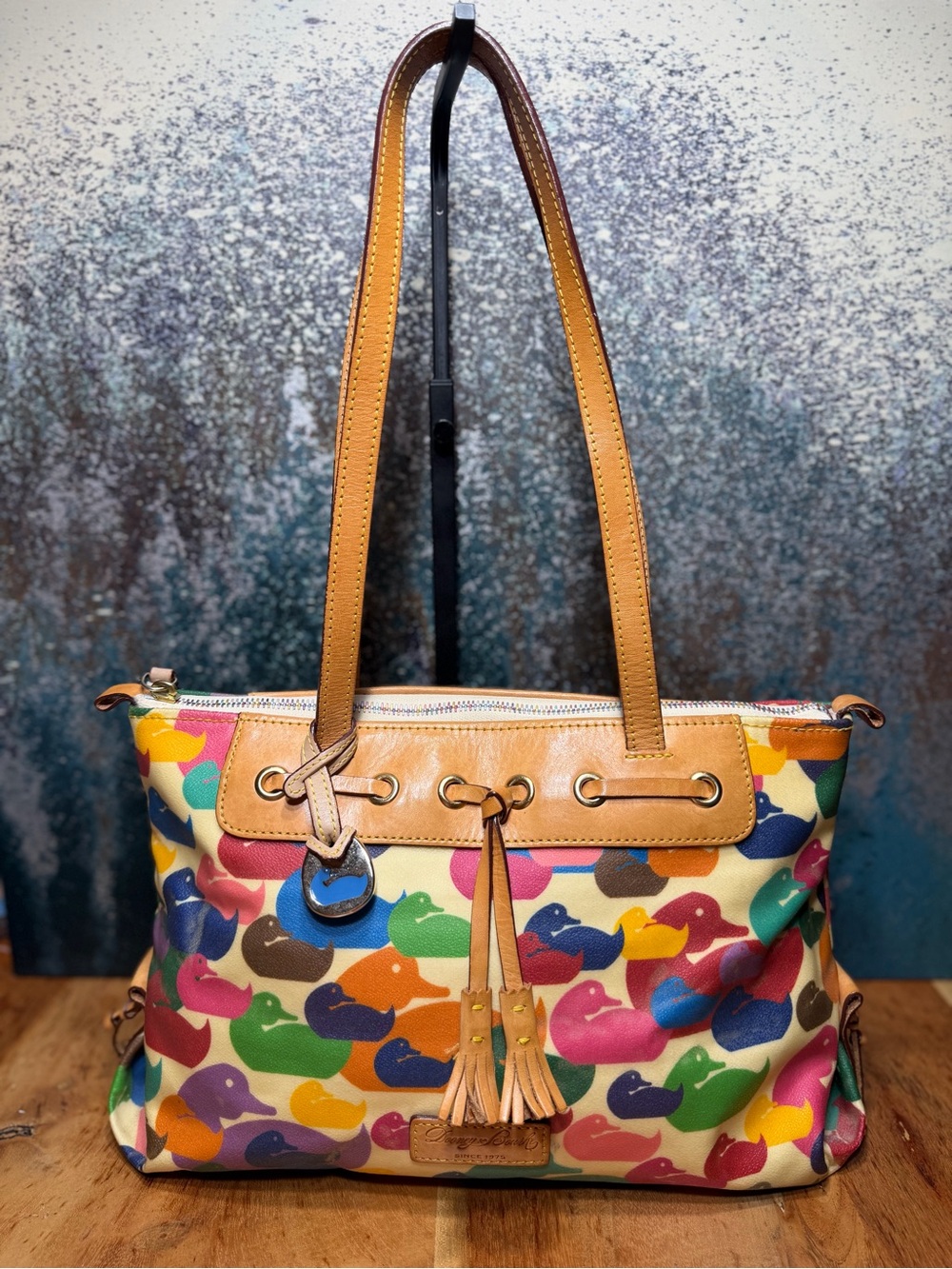 Dooney & Bourke Rare Vintage Y2K Rainbow Wonder Duck Tassel Tote Bag